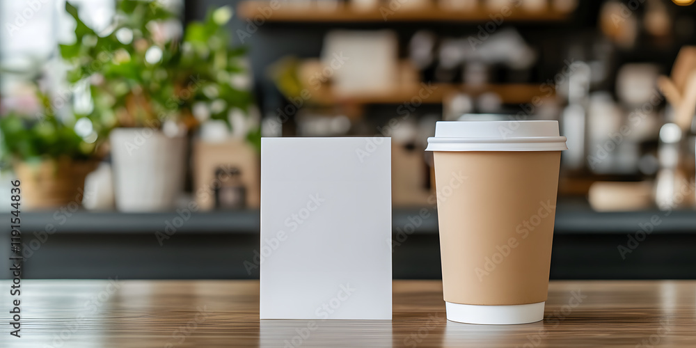 Blank sign and coffee cup on cafe table.  Perfect for menu or promotional placement.  Clean and modern setting.