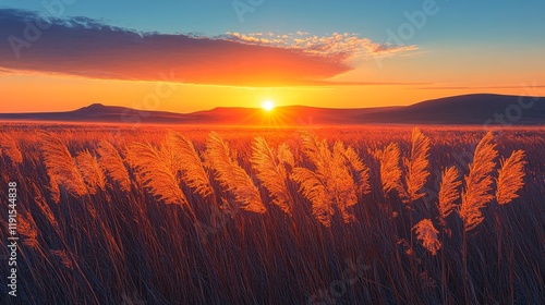 Sun sets over golden grasslands illuminating the landscape with warm hues in ...