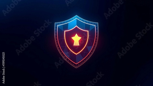 3d Futuristic glowing low polygonal guard shield symbol isolated on dark blue background Cyber secur photo