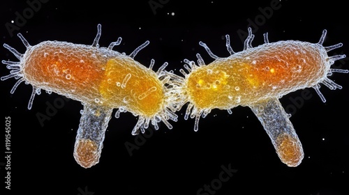 Microscopic View of Two Orange-Tinted Protozoa Interacting Against a Dark Background photo