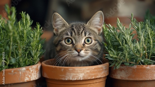 Curious tabby cat peeking between flower pots on a sunny day in a cozy garden
