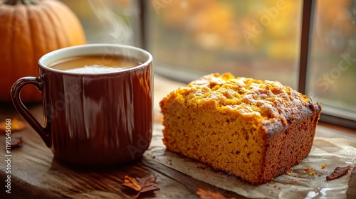 Cozy autumn afternoon with spiced cake and latte at a cafe