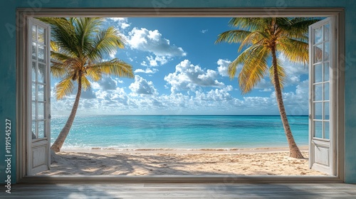 Ocean view through open windows with palm trees on a sunny day at the beach