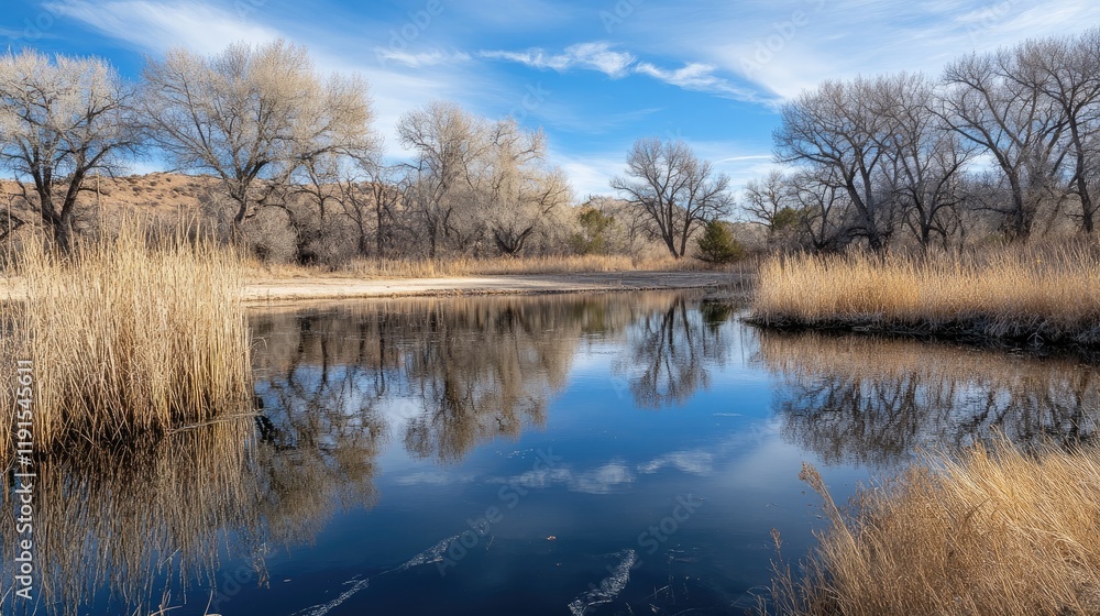 Tranquil Winter River Reflecting Leafless Trees and Sky Tranquil Winter River Reflecting Leafless Trees and Sky