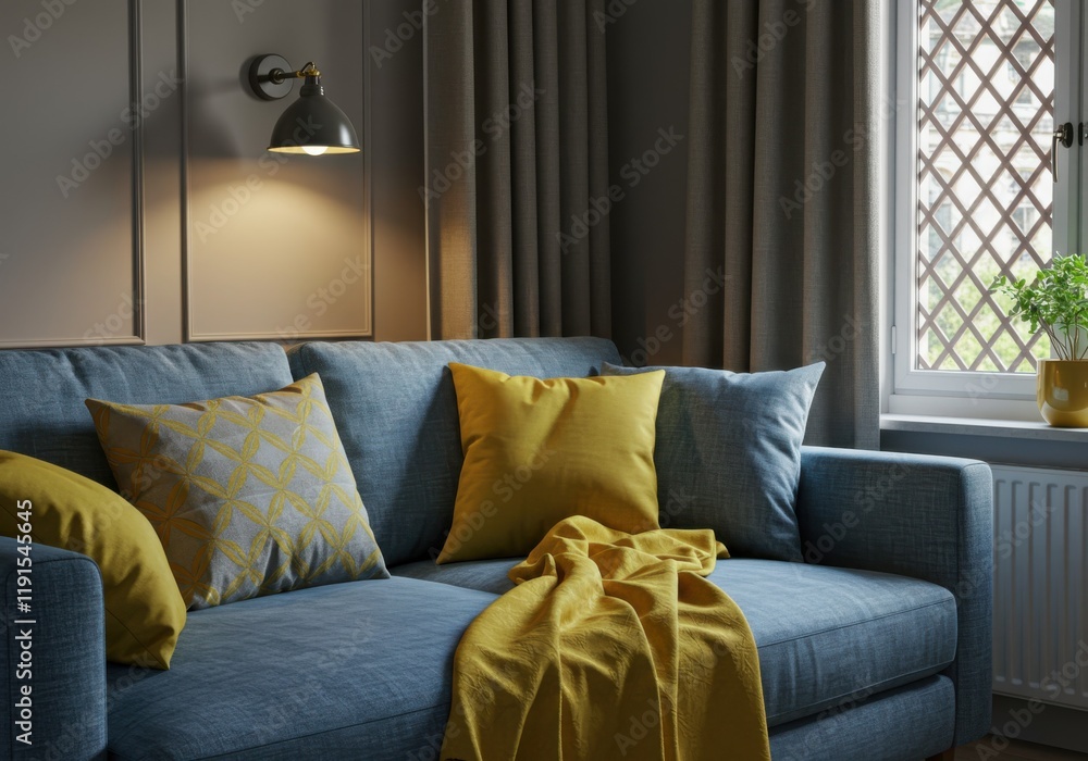 Modern living room interior, cozy sectional sofa, blue-gray upholstery, mustard yellow throw pillows, knit blanket, warm lighting, lattice window, neutral color palette, contemporary design, minimalis Modern living room interior, cozy sectional sofa, blue-gray upholstery, mustard yellow throw pillows, knit blanket, warm lighting, lattice window, neutral color palette, contemporary design, minimalis