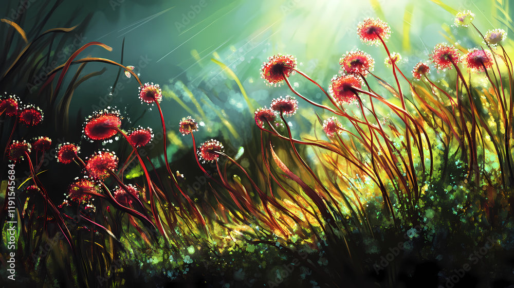 Delicate sundew hairs gleam in the sunlight, a captivating close-up. Sundew. Illustration Delicate sundew hairs gleam in the sunlight, a captivating close-up. Sundew. Illustration