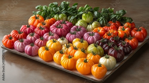Colorful assortment of heirloom tomatoes displayed on a platter in a kitchen ...