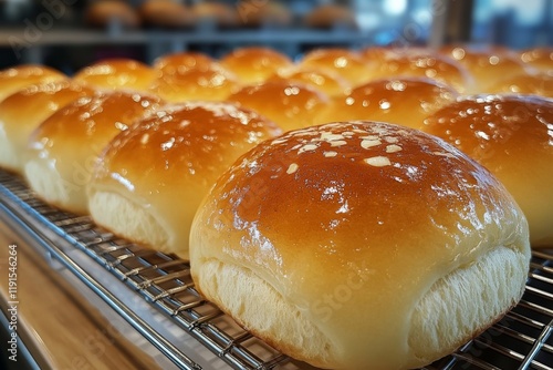 Freshly baked golden bread rolls cooling on a wire rack in a bakery kitchen