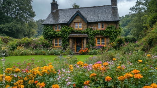 Charming cottage surrounded by vibrant flowers in a serene garden setting on ...