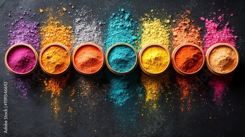 Vibrant colored powders arranged in stripes for artistic use at a creative wo...