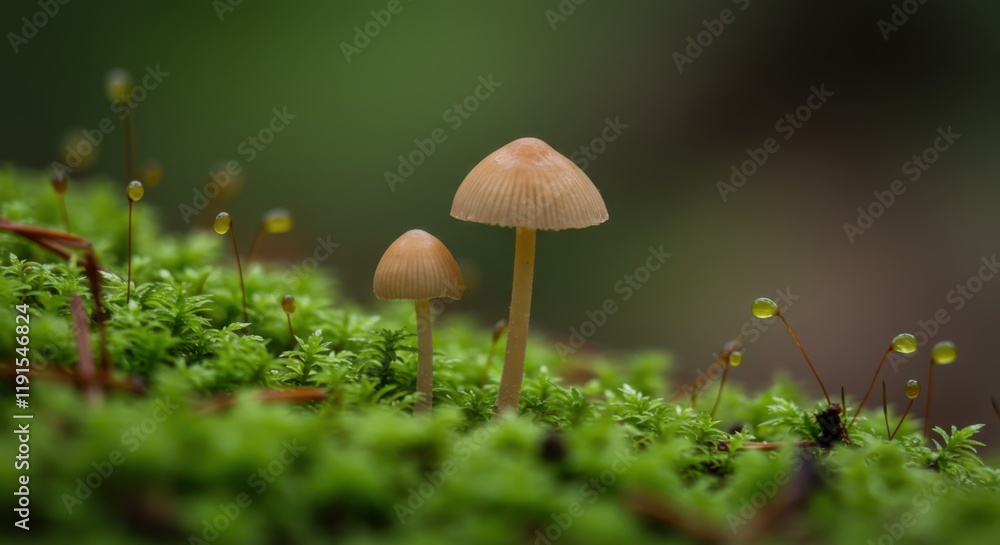 Macro photograph, forest floor, delicate mushrooms, soft lighting, moss carpet, earthy tones, shallow depth of field, misty atmosphere, tiny organisms, nature details, fairy tale ambiance, damp enviro Macro photograph, forest floor, delicate mushrooms, soft lighting, moss carpet, earthy tones, shallow depth of field, misty atmosphere, tiny organisms, nature details, fairy tale ambiance, damp enviro