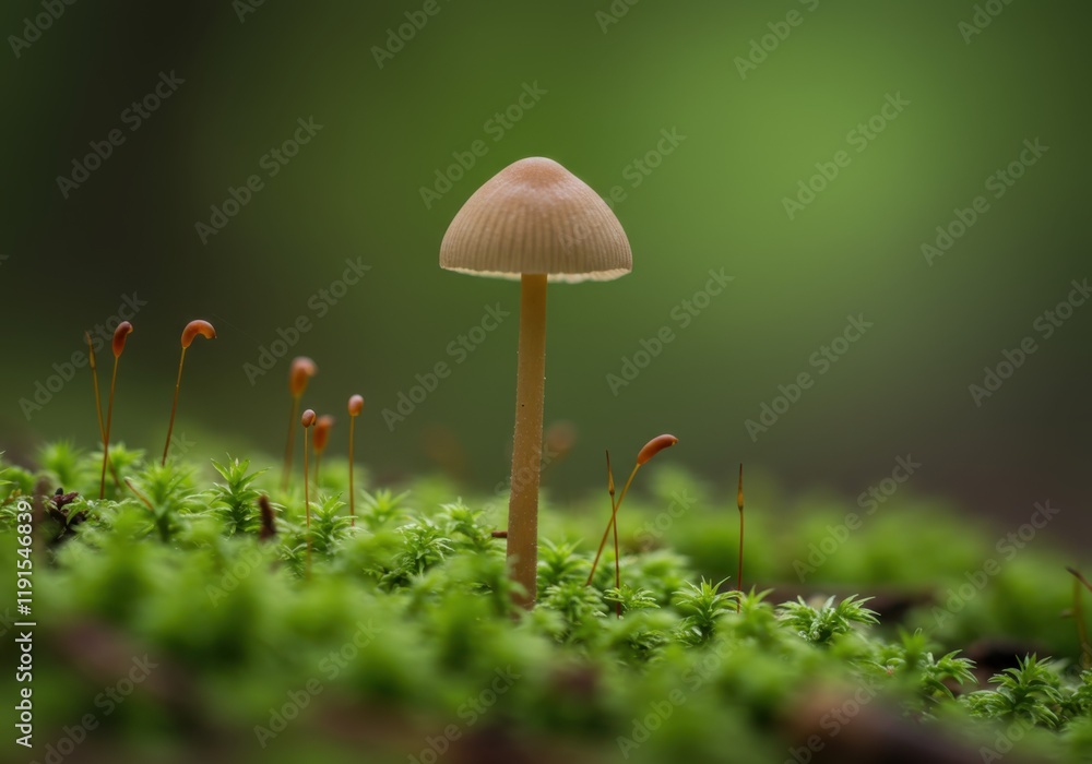 Fototapeta premium Macro photograph, forest floor, delicate mushrooms, soft lighting, moss carpet, earthy tones, shallow depth of field, misty atmosphere, tiny organisms, nature details, fairy tale ambiance, damp enviro