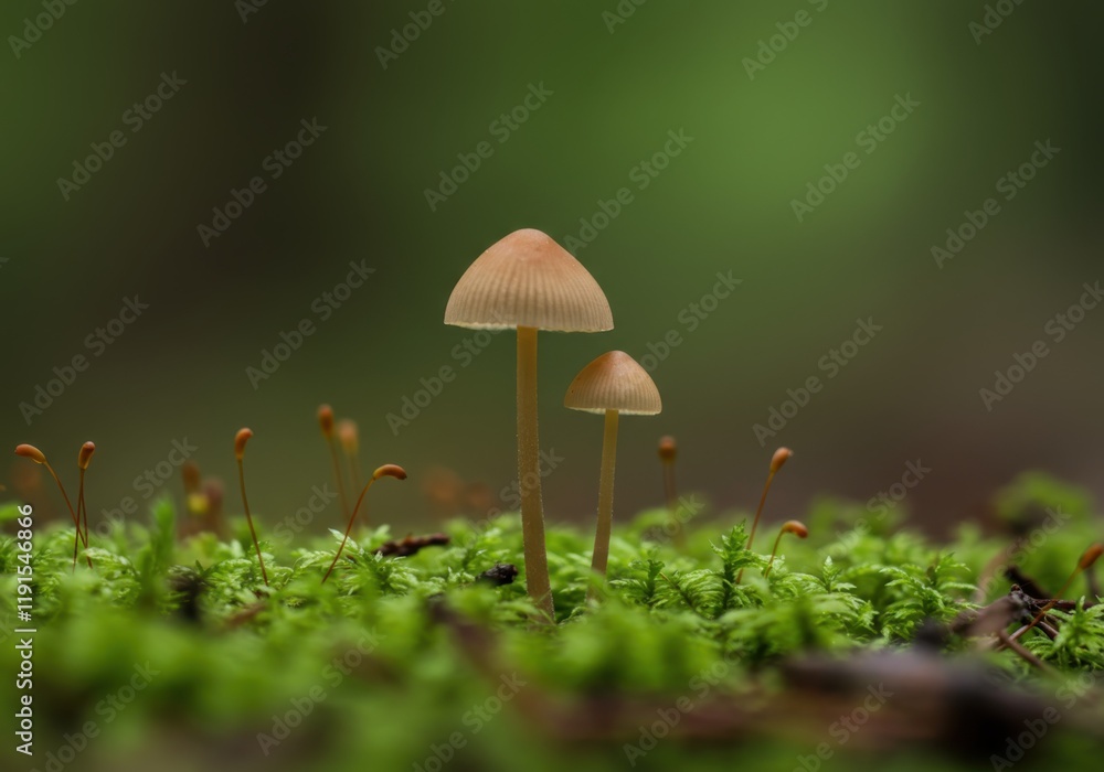 Macro photograph, forest floor, delicate mushrooms, soft lighting, moss carpet, earthy tones, shallow depth of field, misty atmosphere, tiny organisms, nature details, fairy tale ambiance, damp enviro