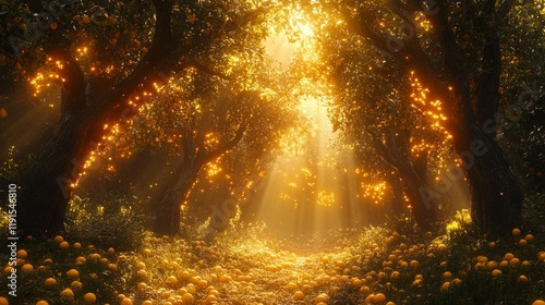 Golden sunlight filters through trees illuminating blooming flowers in a sere...