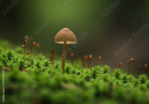 Wallpaper Mural Macro photograph, forest floor, delicate mushrooms, soft lighting, moss carpet, earthy tones, shallow depth of field, misty atmosphere, tiny organisms, nature details, fairy tale ambiance, damp enviro Torontodigital.ca