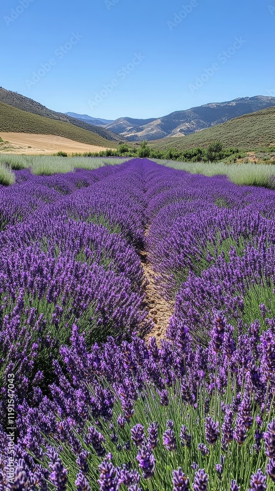 Naklejka premium Expansive lavender fields under a clear blue sky during daylight