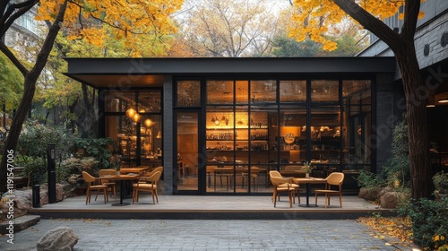 Cozy autumn cafe with outdoor seating surrounded by colorful foliage in a pea...