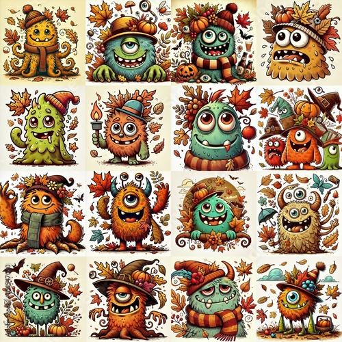Wallpaper Mural Funny cartoon monsters. Fall season. AI generated illustration Torontodigital.ca