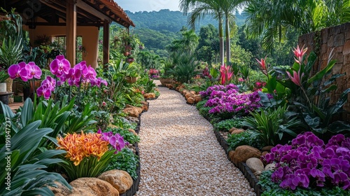 Vibrant garden pathway adorned with lush flowers and tropical plants during d...