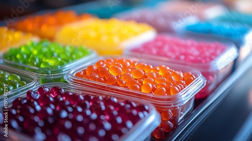 Colorful jelly candies arranged in containers on a dark surface with mint leaves