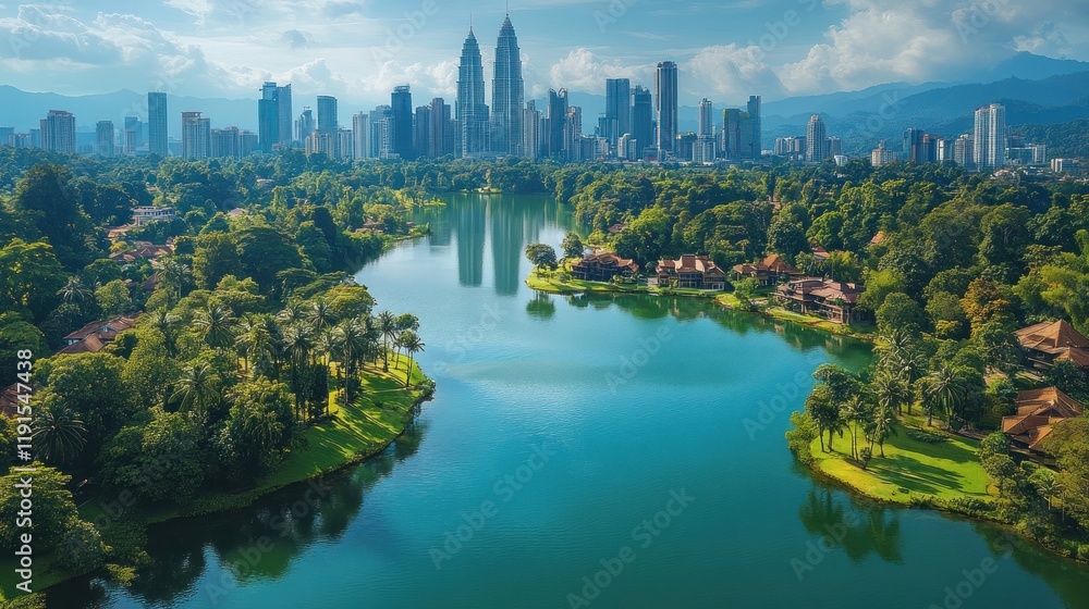 Fototapeta premium Kuala Lumpur Skyline Cityscape with River and Lush Greenery