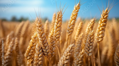 Golden wheat fields under a bright sky during late afternoon