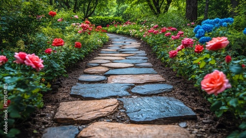 Fototapeta Naklejka Na Ścianę i Meble -  Stunning flower garden path with vibrant blooms leading to a serene destination