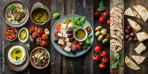 A collage featuring Mediterranean food items: olive oil, fresh basil leaves, cherry tomatoes, feta cheese, olives, hummus, pita bread, and a plate of vibrant Greek salad.  photo