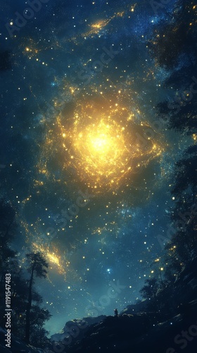 Starlit night sky with a glowing galaxy over a forest landscape