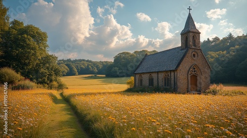 Stone chapel surrounded by lush greenery at sunset in tranquil countryside se...