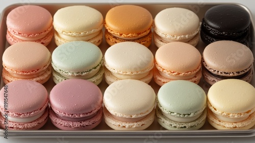 Colorful assortment of macarons displayed in an elegant tray for a special oc...