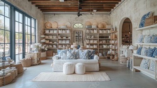 Comfortable living room with cream sofa and decorative blue cushions in a coz...