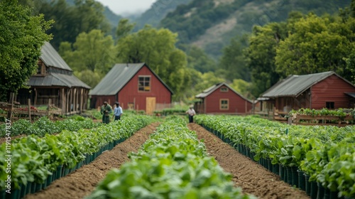 Rural gardener tending to crops in a serene countryside setting during the mo...