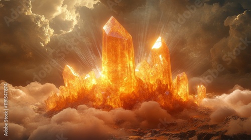 Majestic glowing crystal tower rises amidst clouds during sunset