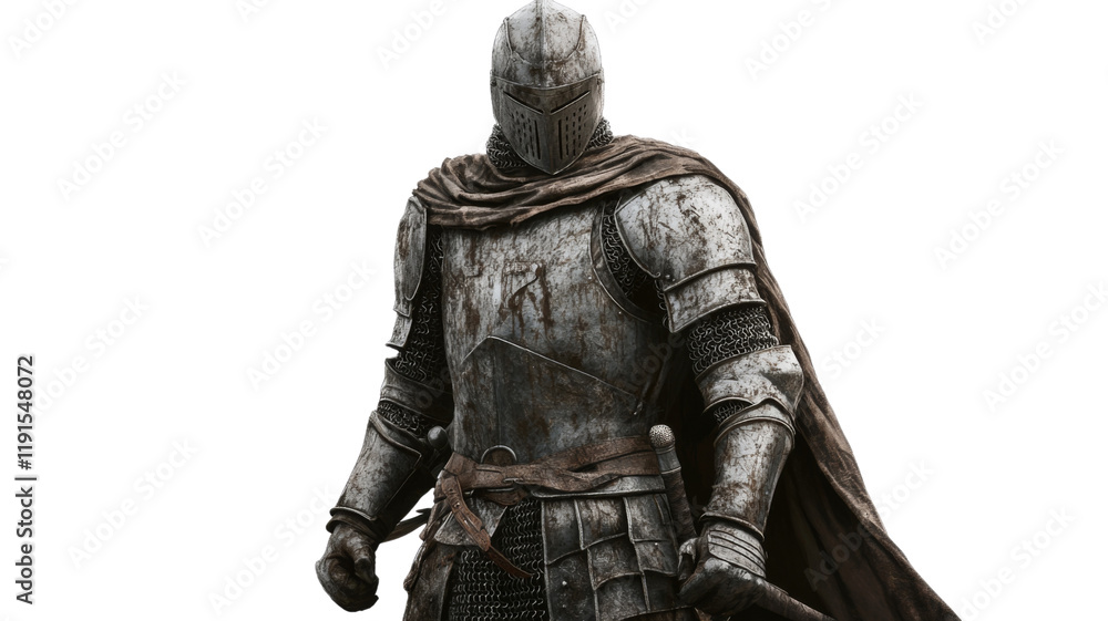 Knight of valor, full armor, detailed metal and weathered cloak, embodiment of honor, isolated on transparent background
