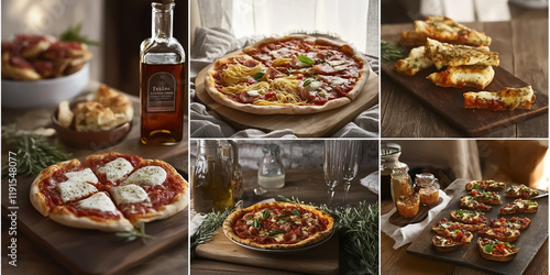 A collage showcasing classic Italian dishes: pasta with marinara sauce, pizza slices, bruschetta, caprese salad, and a bottle of olive oil. 