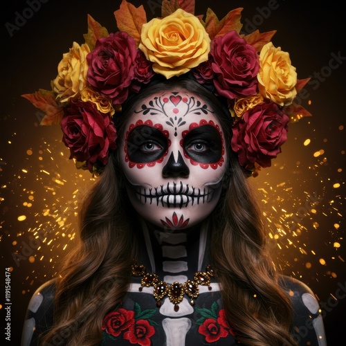 Wallpaper Mural Day of the Dead makeup, sugar skull face paint, woman portrait, flower crown, red and yellow roses, dark hair, golden sparkles, black background, dramatic lighting, Mexican cultural celebration, ornat Torontodigital.ca