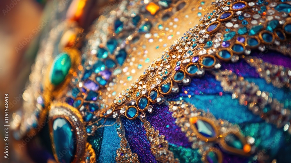 Close-up of a luxurious fabric adorned with blue and gold gemstones, showcasing intricate textures and sparkle Close-up of a luxurious fabric adorned with blue and gold gemstones, showcasing intricate textures and sparkle