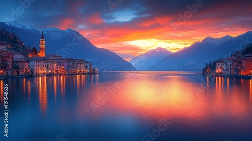 Tranquil waters reflect majestic mountains under a serene sky in a beautiful ...
