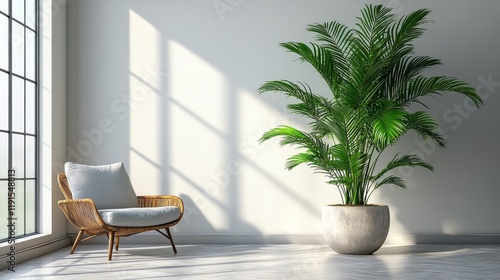 Bright and airy interior featuring a plant and a cozy chair in a modern space