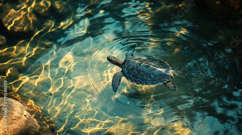 Colorful turtle swimming in a tranquil pond surrounded by natural greenery an...