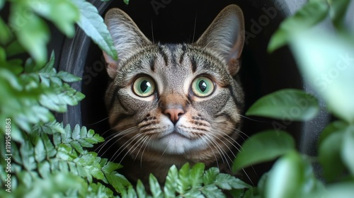 Curious tabby cat peeking between flower pots on a sunny day in a cozy garden
