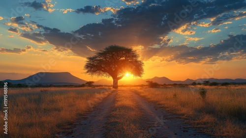 Majestic tree silhouetted against vibrant sunset in open landscape