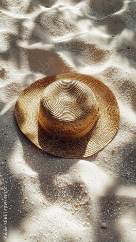 Straw hat resting on sandy beach with soft sunlight filtering through palm le...