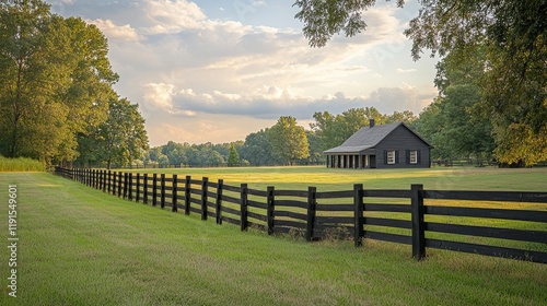 Sunset over a grassy pathway lined with wooden fences in a tranquil landscape
