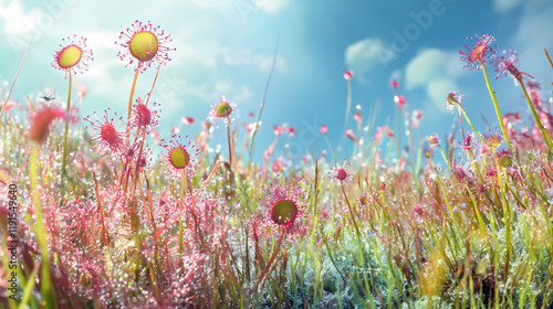 Insects trapped in round-leaved sundew plant in heathland panoramic view. Sundew. Illustration photo