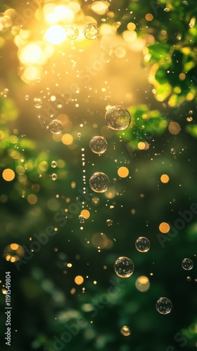 Bubbles floating in a green and gold field of light creating an abstract visu...