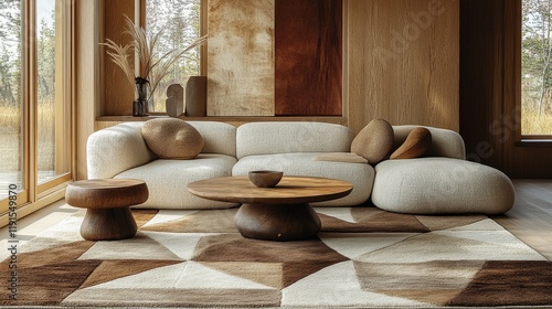 Modern living room featuring a round wooden coffee table and comfortable sofa...