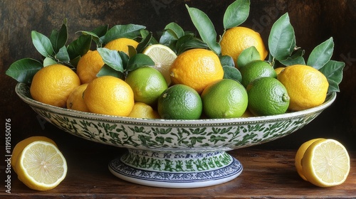 Fresh lemons and limes arranged attractively in a decorative bowl on a rustic...