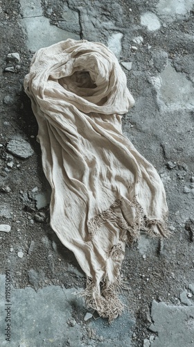Soft beige scarf draped on a textured stone surface in natural light creating...